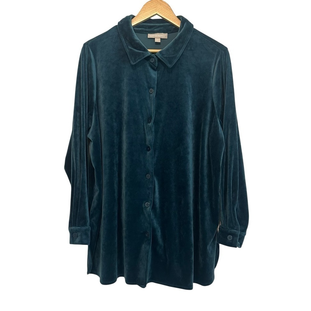Women's 22/24 Teal Blue Soft Cozy Loungewear Button-Up Casual Velvet PLUS Top